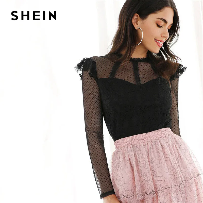 SHEIN Топ С Длинными Рукавами И Прозрачной Вставкой Элегантный Кружевными