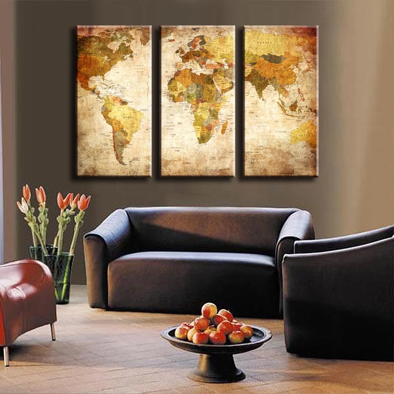 Compare Prices On Wall Art Sets- Online Shopping/Buy Low Price 3 Pcs/Set Classic World Maps Wall Art for Living Room Retro Yellow Maps Painting - Compare Prices On Wall Art Sets- Online Shopping/Buy Low Price