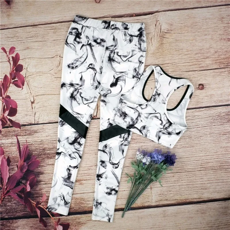 2PCS Women Yoga Sets Fitness Zipper Push Up Bra+Leggings Gym Workout Sexy Printed Sports Wear Mesh Retro Running Clothing