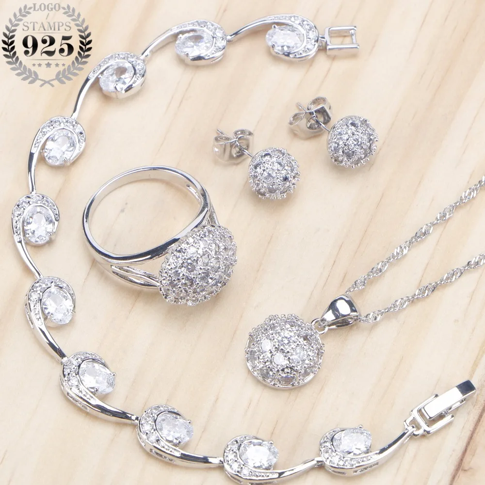 Круглые белые кубические циркония свадебные серебряные 925 Ювелирные наборы серьги для женщин ювелирные изделия с колье и кольцо с подвесками браслет набор