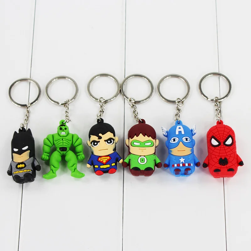 

6pcs/lot The 3D PVC The Superman Spiderman Green Hulk Keychain Pendant Figure Toy