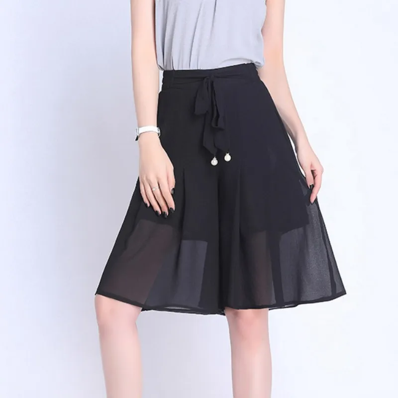 

Fashionable Summer Office Lady Plus Size Women Chiffon Skirt Lace Up Decoration High Waist Loose Wide Leg Ladies Shorts