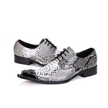 Genuine Leather Men Shoes Snakeskin Lace-Up Business Shoes Pointed Toe Men Oxfords Wedding Party Formal Dress Shoes Mens Flats