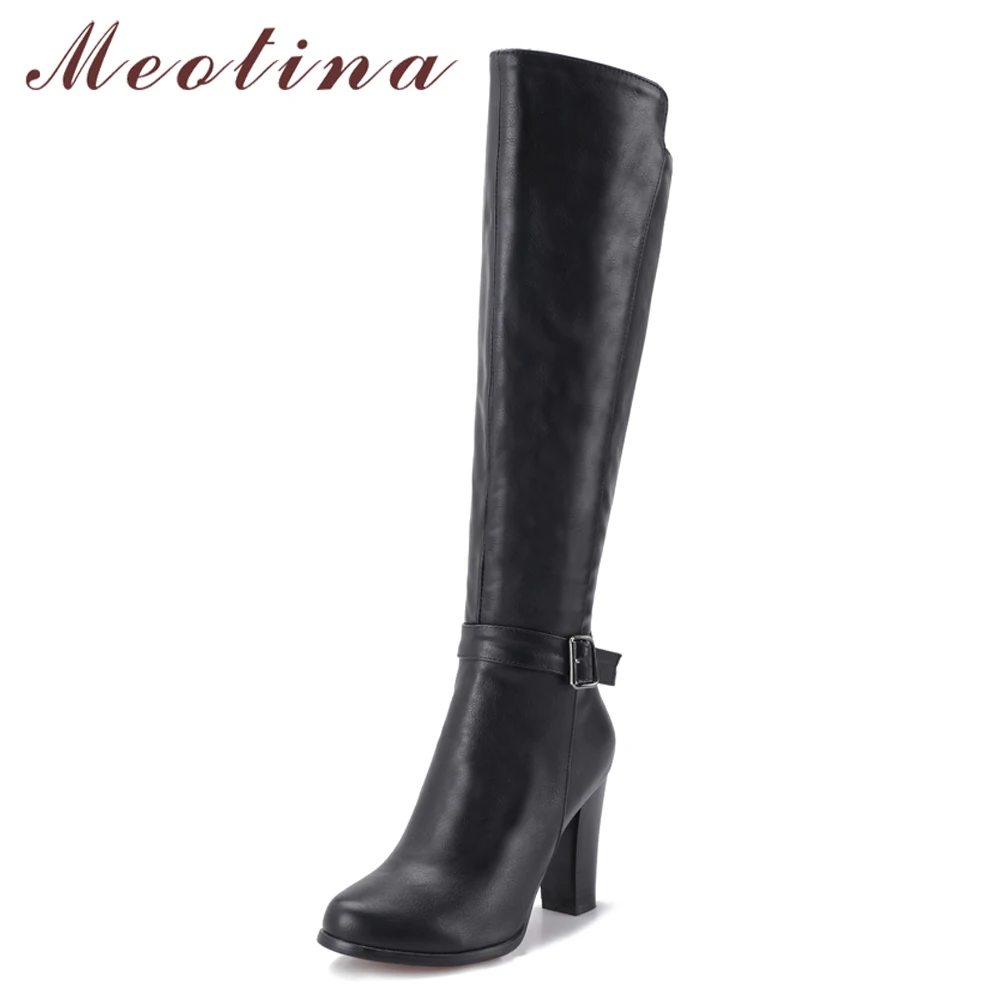 Meotina/зимние женские сапоги до колена на толстом высоком каблуке; сапоги для верховой езды; высокие сапоги с пряжкой; женская обувь на молнии; цвет коричневый, серый; 45
