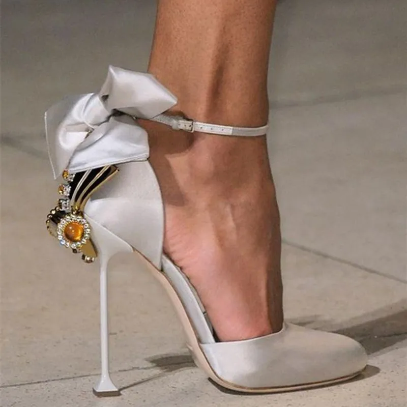 Fashion Designer Back Crystal Bowtie Women Pumps High brand Velvet Ladies Wedding Shoes Woman Ankle Strap Sexy Catwalk Stiletto