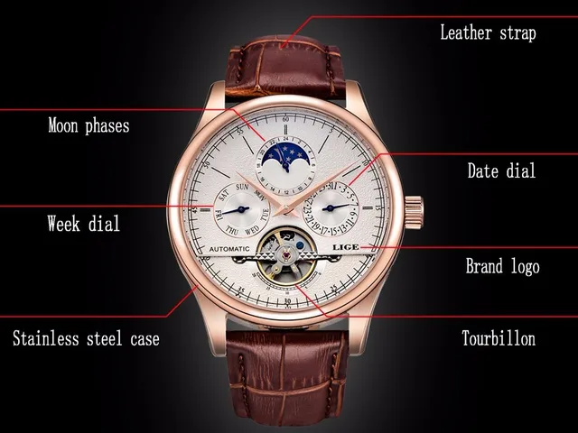 LIGE Brand Men Watches Automatic Mechanical Watch Tourbillon Sport Clock Leather Casual Business Retro Wristwatch Relojes Hombre -
