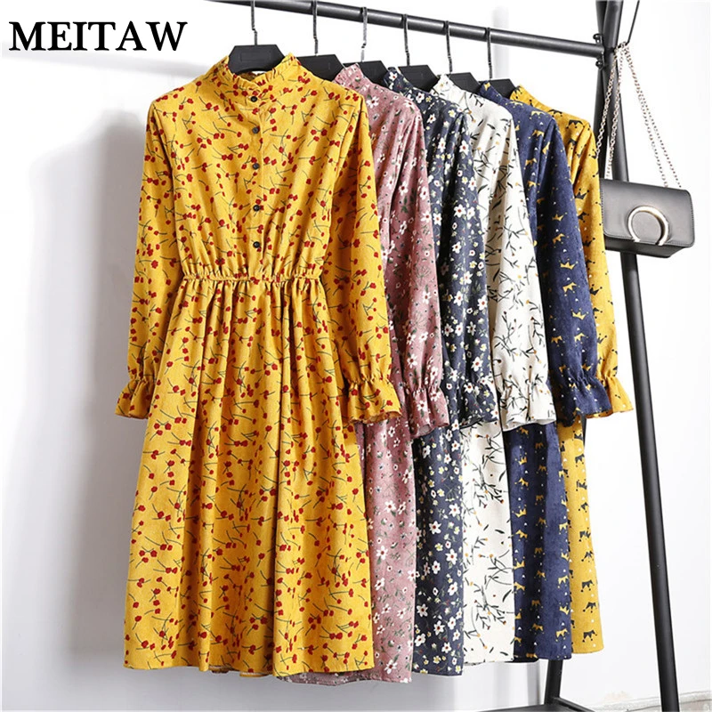 

Autumn Women Corduroy Dresses 2019 Casual Long Sleeve Floral Party Dress Vintage Elastic Waist Stand Neck Retro Dresses