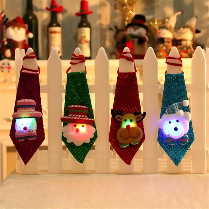 

Christmas Gift For Children LED Lighting Decorations LED Sequin Tie Cute Santa Claus Snowman Patterned Xmas Dress Up Decoration