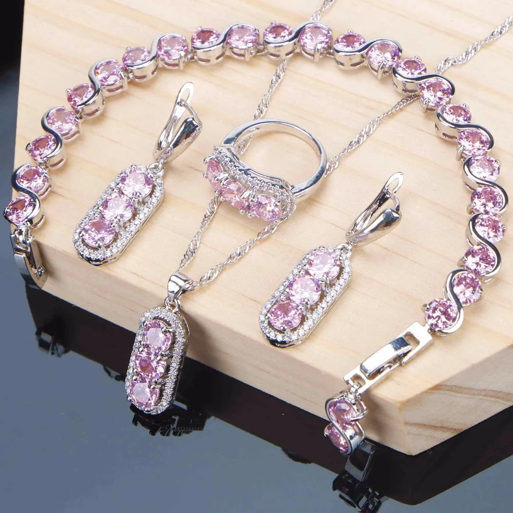 

Pink Cubic Zirconia Bridal Jewelry Sets Silver 925 Jewelry For Women Costume Earrings Bracelet Ring Necklace Set Wedding Gifts