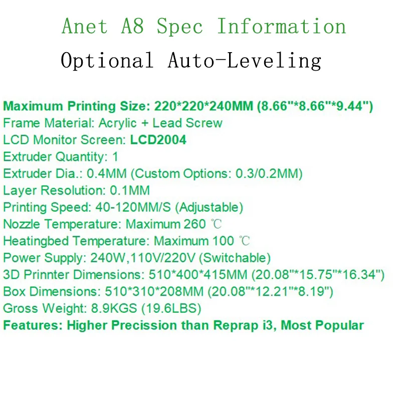 Anet A8 i3 Impresora 3D принтер Высокая точность Imprimante DIY набор с алюминиевым Экструдером