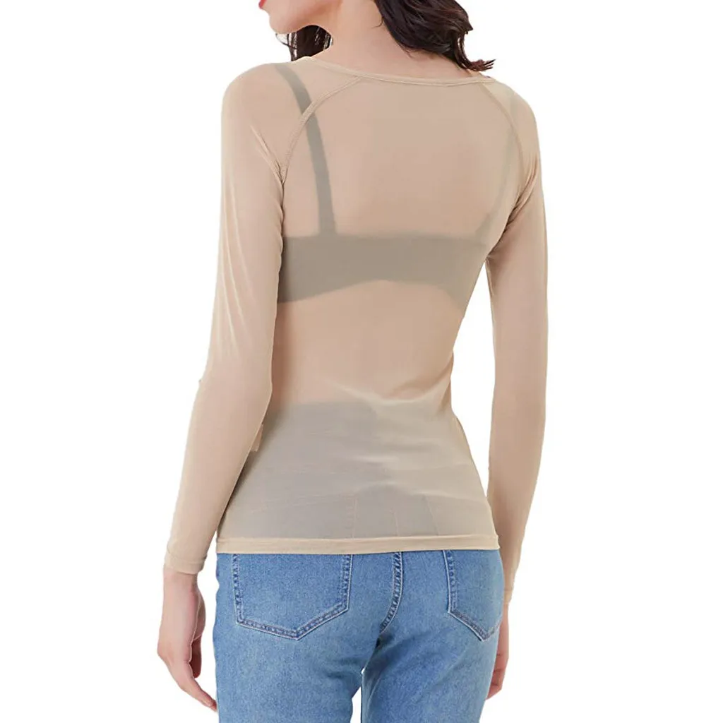 Сексуальные женские прозрачные блузки Прозрачные сетчатые с круглым вырезом с длинным рукавом Прозрачные рубашки женские тонкие Топы# BF
