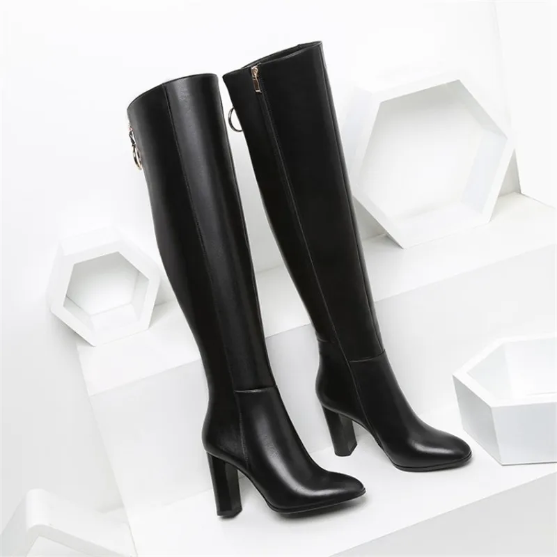 

2019 autumn and winter new thick with knee zipper boots high high heel women's boots black ljj 0406