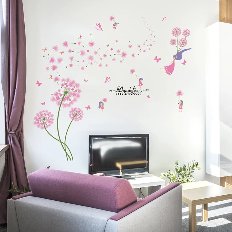 

[SHIJUEHEZI] Pink Color Dandelion Wall Sticker PVC DIY Romantic Flower Mural Decals for Kids Bedroom Living Room Decoration