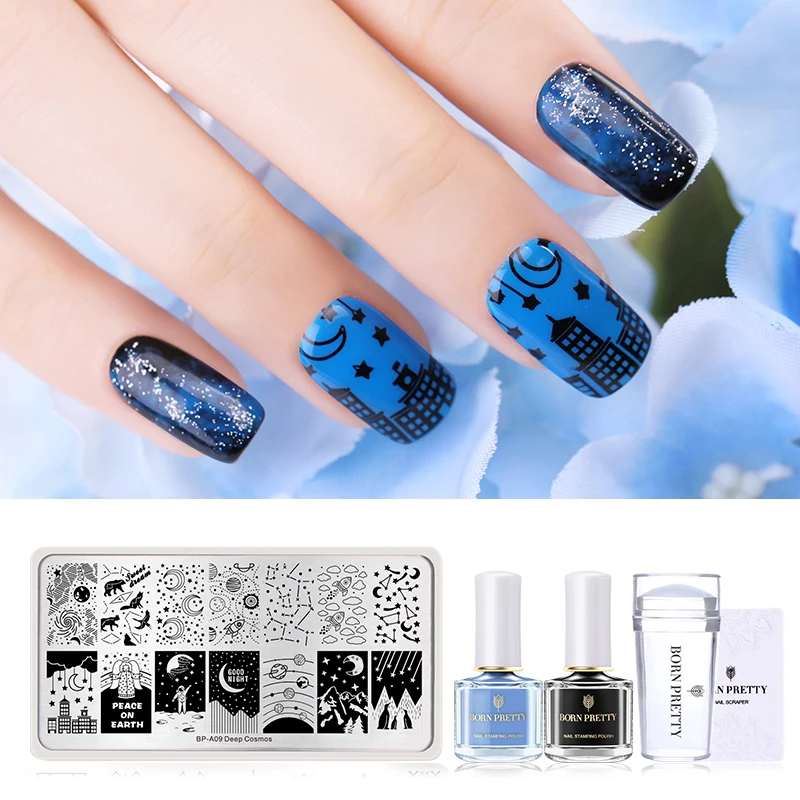 

BORN PRETTY Nail Stamping Kit 2 Bottles Stamping Nail Polish +Stamping Plates +Clear Jelly Nail Stamper Scraper Nail Art Tools