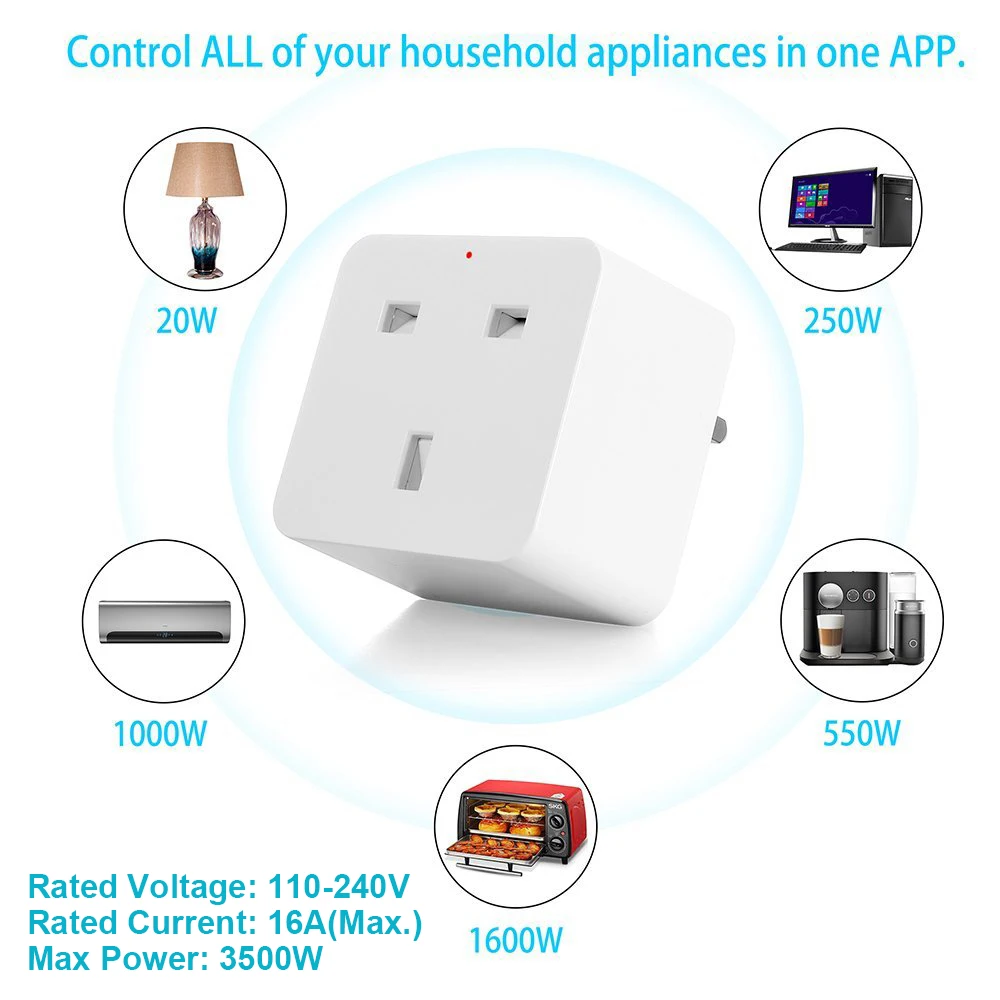 Умная розетка с британской вилкой, Wi-Fi, розетка с таймером, 16А, контроль энергопотребления, голосовое управление, работа с Alexa и Google IFTTT