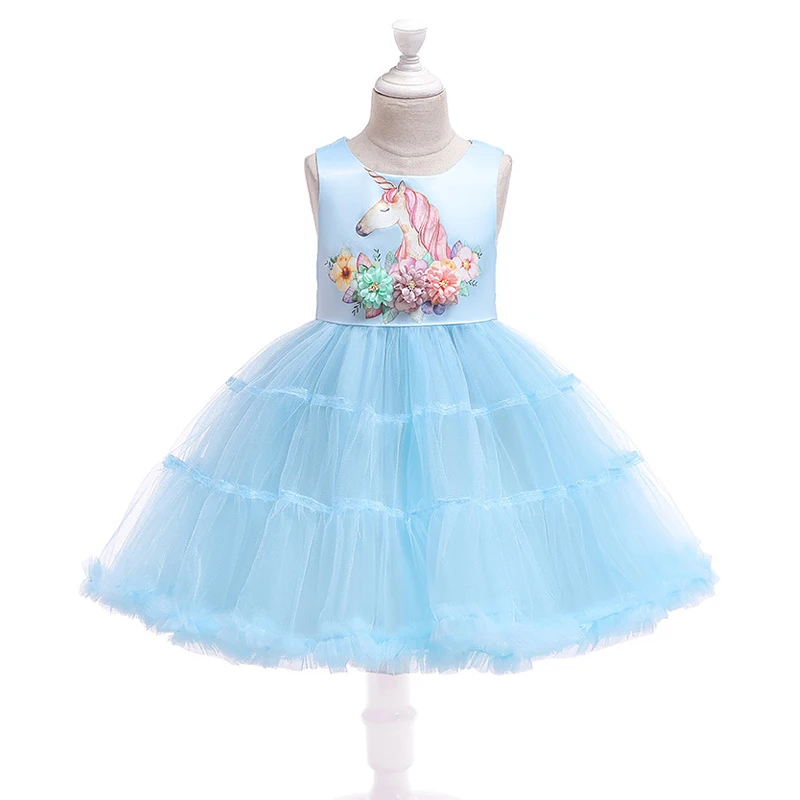

Unicorn Cake Flowers Girl Dress Cartoon Mesh Unicorn Girls Princess Dresses For Halloween Performance Costume 3-9 Y Kids Dress