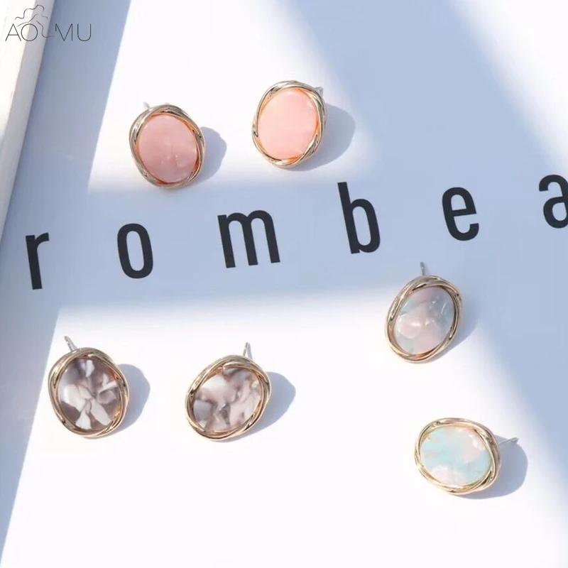 AOMU новые японские маленькие круглые акриловые овальные серьги-гвоздики для женщин и девушек, мраморные геометрические серьги