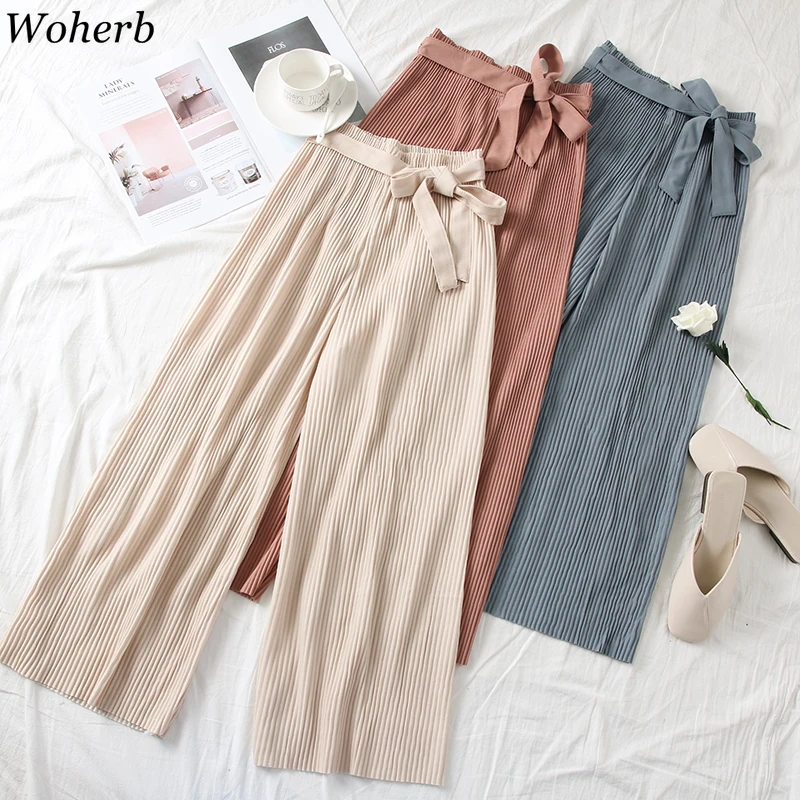 

Woherb Pleated Wide Leg Pants Female Summer 2019 New Korean Version Elastic High Waist Loose Bow Bandage Trousers 22479