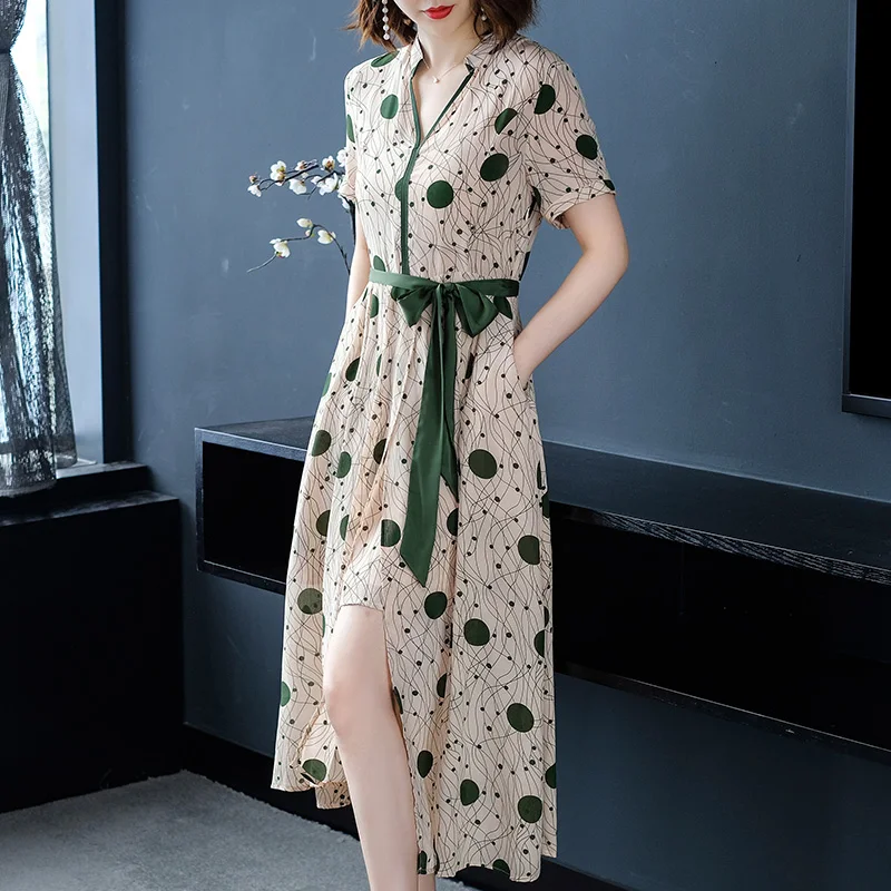 100% шелк летнее платье Для женщин Элегантный Boho пляжное мода горошек длинные