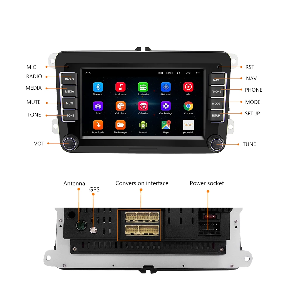 Podofo радио 2 Din " Android автомобильный мультимедийный плеер автомобиля стерео wifi gps навигация Авторадио для Skoda VW Passat B6 Polo Golf