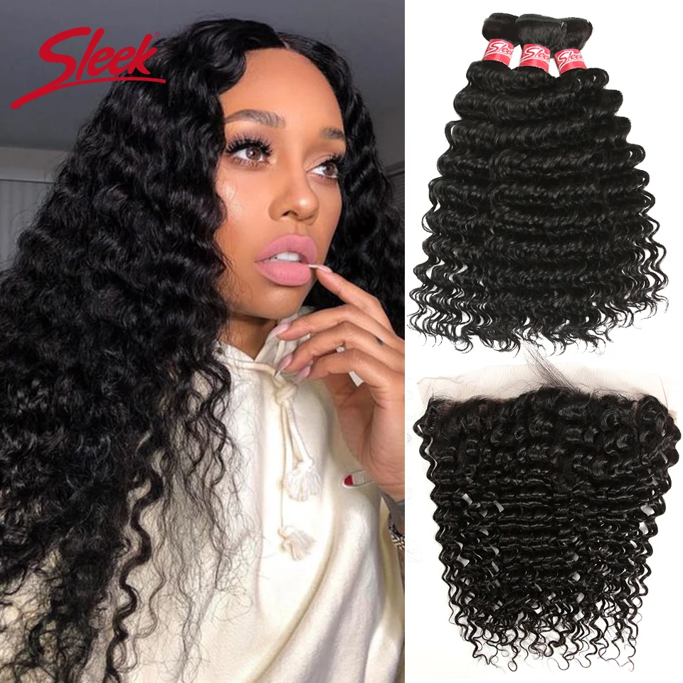 

Sleek Deep Wave Human Hair 3 Bundles With Frontal Closure Deep Wave Hair Extension Brazilian Hair Weave Bundles With Frontal