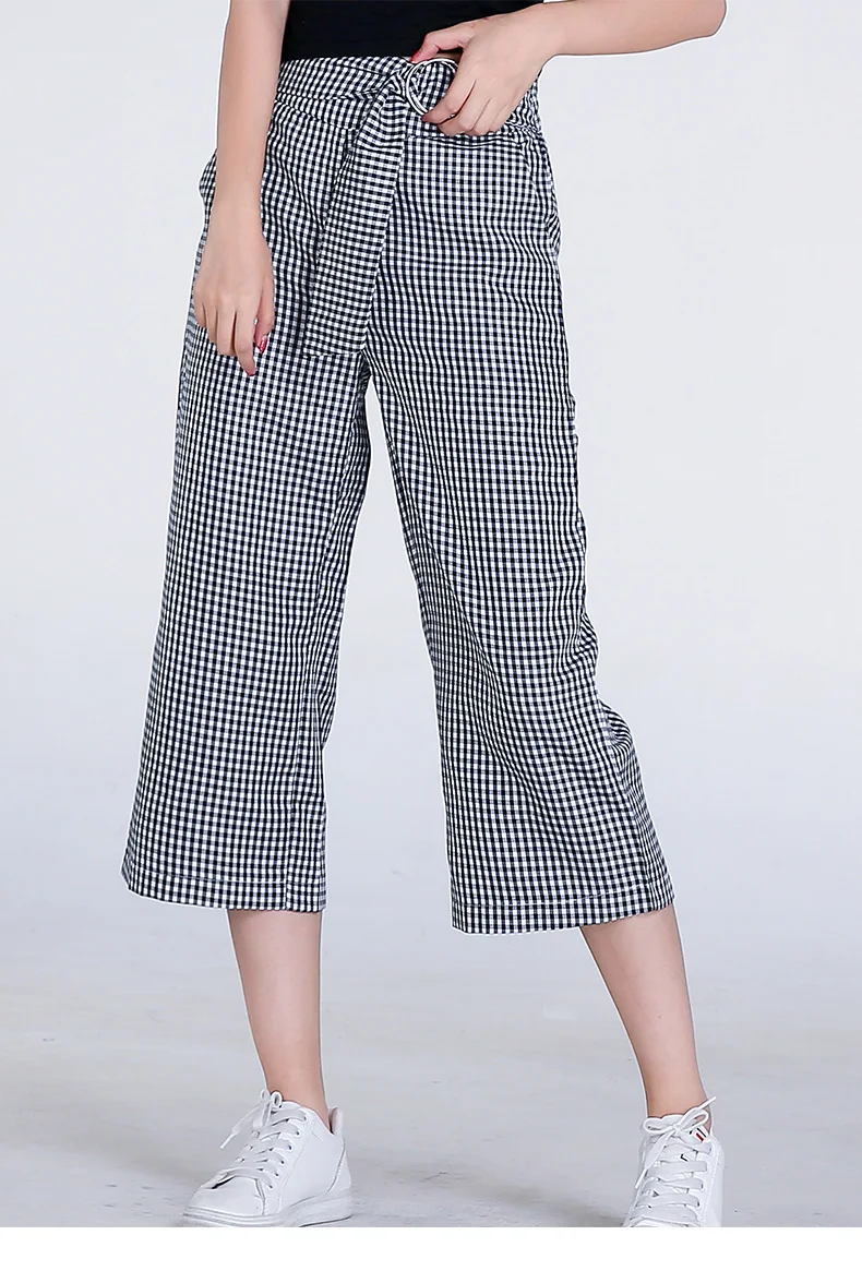 Women Hight Waist Capri Wide Leg Pants Plaid Pattern Palazzo Calf