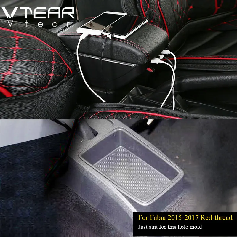 Vtear для Skoda Fabia/Fabia2 аксессуары автомобильный подлокотник кожаный подлокотник usb интерфейс коробка для хранения украшения центральная консоль авто - Название цвета: 2015-2017 Red thread