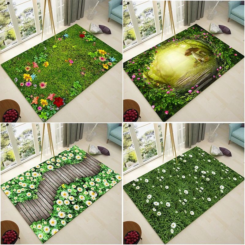 

Nordic Green Pastoral Style 3D Carpet Living Room Flower Mats Sofa Coffee Table Cushion Balcony Bedroom Bedside Bathroom doormat