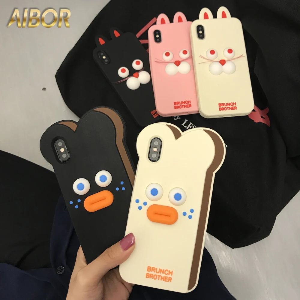 3D Cute Cartoon Pout Sausage Toast Bread Bearded Rabbit lip Duck Soft Silicone Case for iPhone X XS MAX XR 6 6S 7 8 Plus Cover |