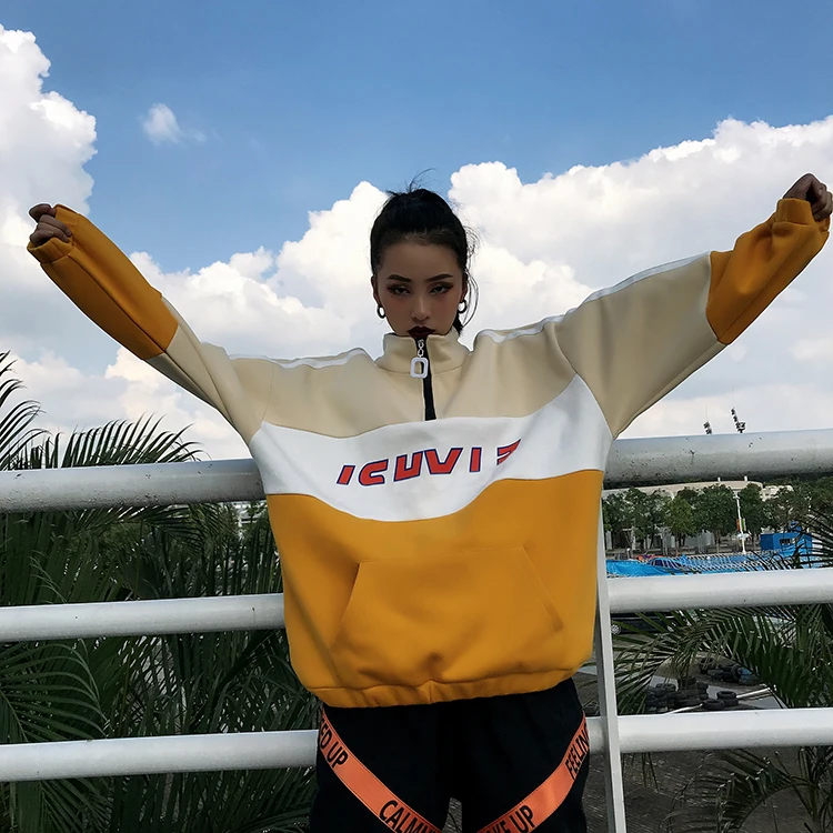 Cheersolo Толстовка Harajuku для женщин лоскутное негабаритных толстовка на молнии
