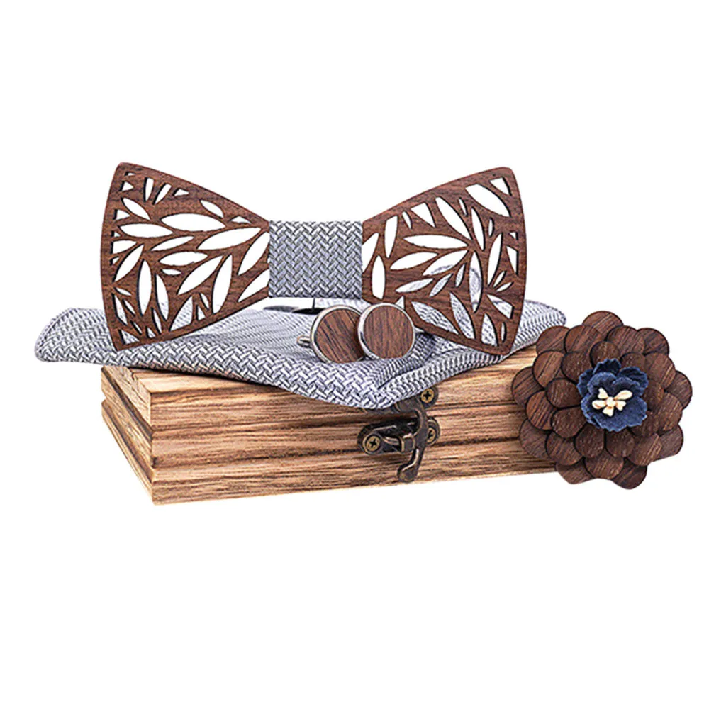 Wooden Bow Tie Handkerchief Set Men's Plaid Bowtie Wood Hollow carved cut out Floral design And Box Novelty ties Bowtie