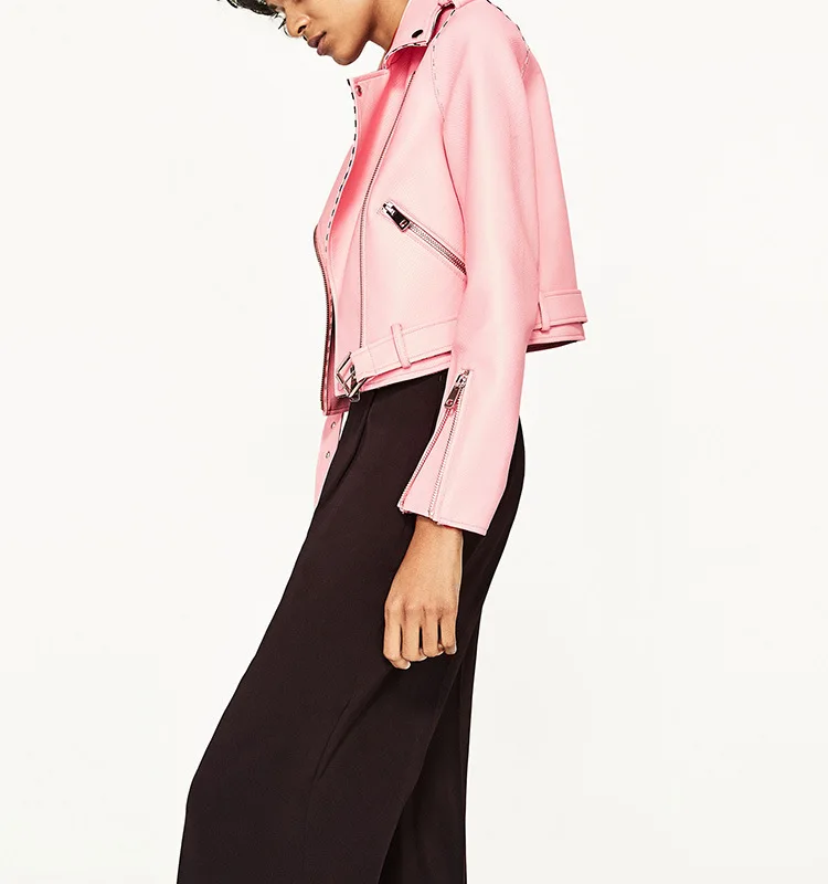 Кожаная куртка женская тонкая белая розовая Европейская Новая мода несколько молний ремень кожаные пальто женские PU байкерские женские