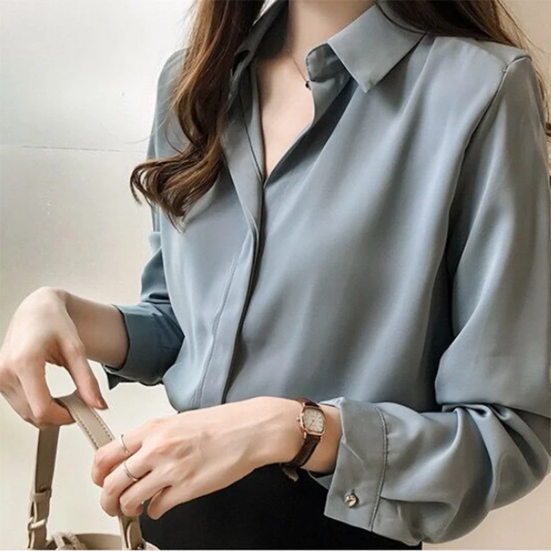 

Autumn Women Blouses Solid Loose Shirt Long Sleeve Blouse Simple OL Female Clothes Plus Size