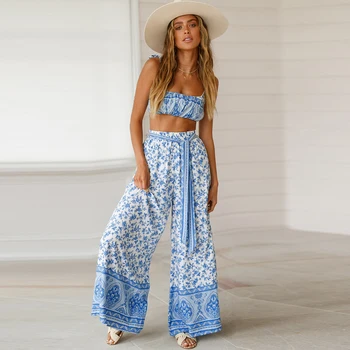 

Sling Print Loose Sleeveless Top Elastic Waist Strap Ankle-length Trousers Wrapped Casual Suit Fashion Two-piece Summer