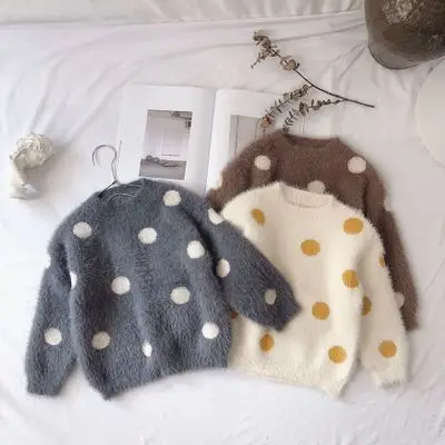 

Winter New Toddler Baby Sweater 2-7 Y Kids Girls Fashion Mink Wool Super Soft Sweaters Mohair Big Dot Pullover New Year Sweater