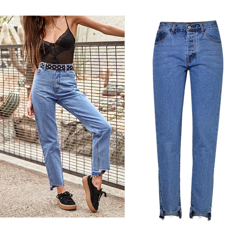 CbuCyi Высокая талия джинсы Для женщин длинные джинсовые штаны рваные Ленточки мыть свободные прямые джинсовые брюки женские хлопок джинсы