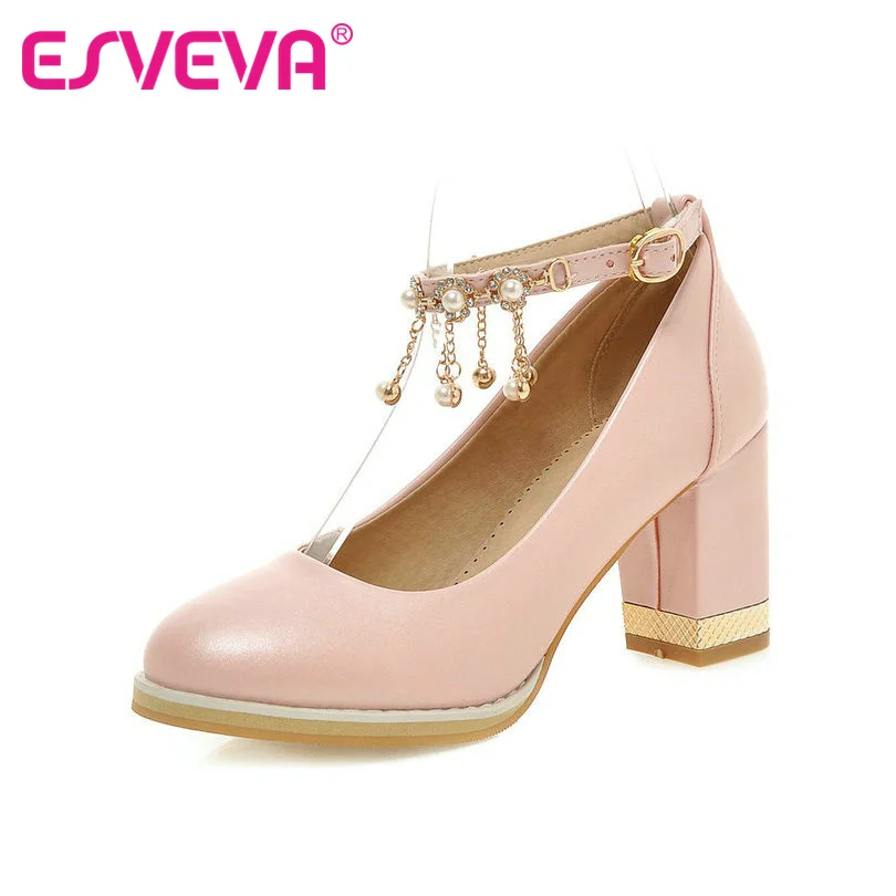 

ESVEVA Pink Party Ankle Strap Pumps Beading Sweet Women Thick High Heel Wedding Shoes Woman Soft Leather Platform Shoes