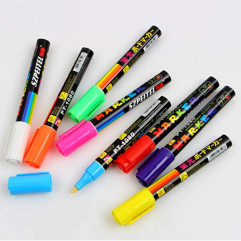 8 цветов 6 мм стираемый косой Маркер Набор ручек Жидкий Мел флуоресцентный неоновый маркер светодиодные оконные ручки