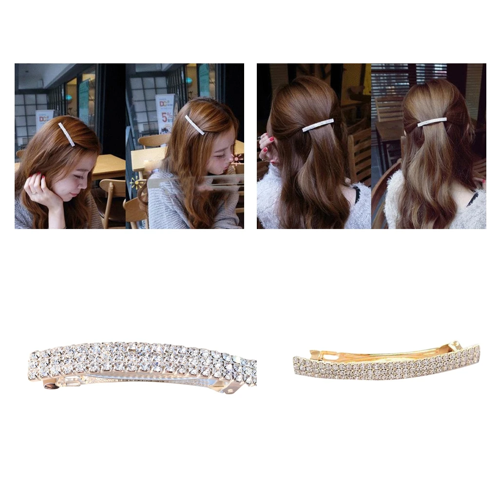 

2 Pieces Crystal Rhinestone French Automatic Spring Barrettes Hair Clips Rectangle Fashionable Design Hair Barrette