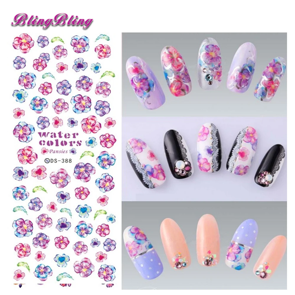 Blingbling 2 шт. новый стикер для ногтей DIY Фиолетовый цветок красота Harajuku воды