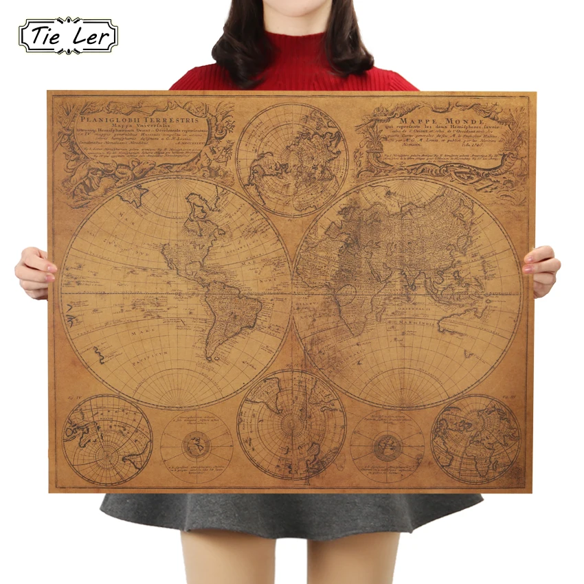 

TIE LER Vintage World Map Home Decoration Antique Poster Wall Chart Retro Paper Matte Kraft Paper Map World Wall Sticker