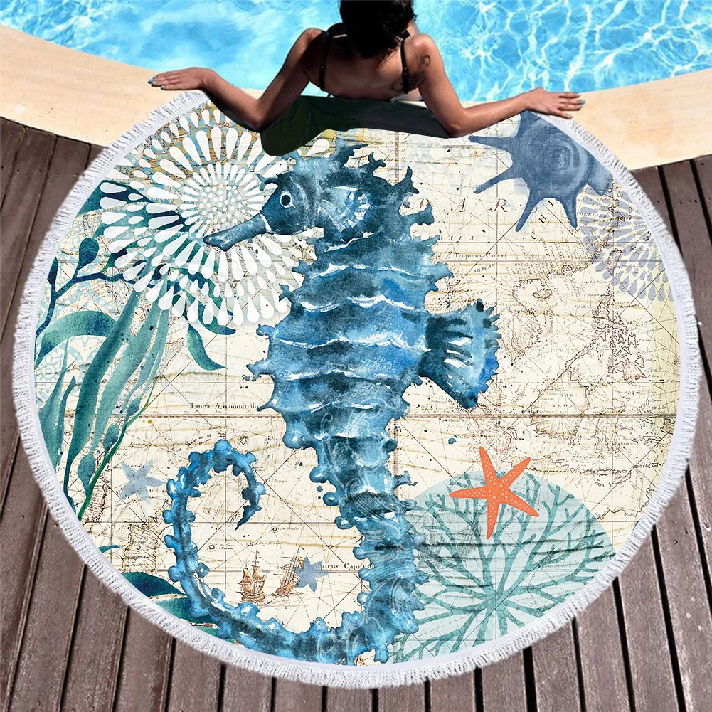 Kaufen Tropical Schildkröte Seepferdchen Strand Handtuch Mikrofaser Weiß Decke mit Fransen Sommer Toalla Böhmischen Picknick Yoga Matte Bad Handtücher