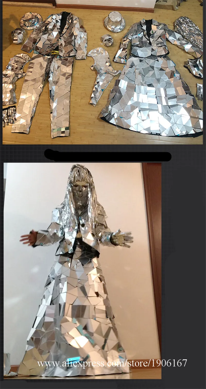 Hand sewing COS nightclub ds performance art set silver mirror face clothes irregular lens stitching dress5