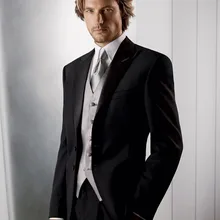 Новое поступление смокинг жениха Черный Groomsmen Пик атласная нагрудные Свадебные/ужин Костюмы Best человек Жених(куртка+ Брюки для девочек+ галстук+ жилет) b239