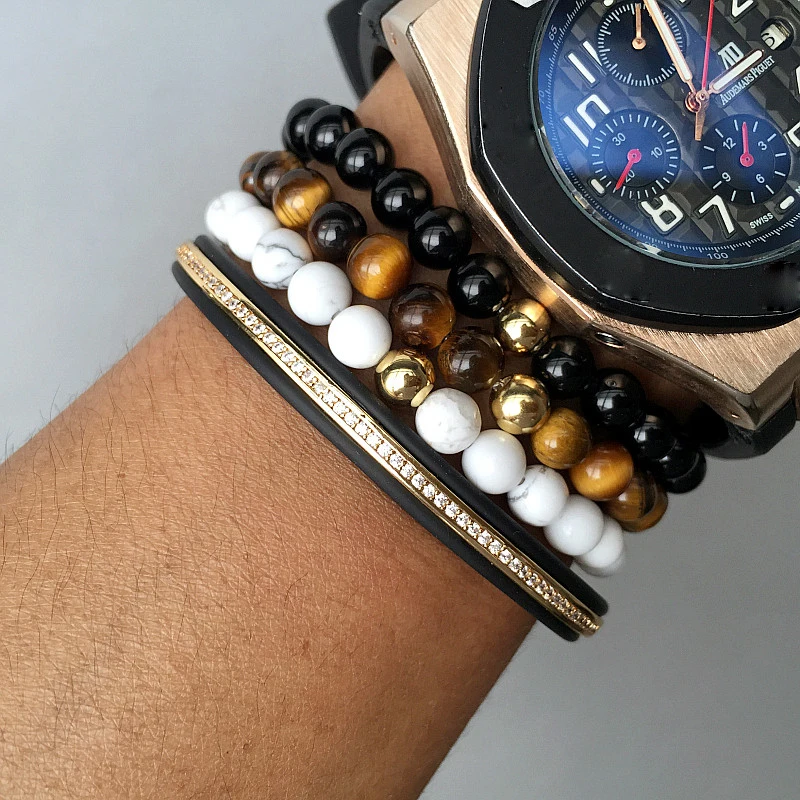 

Mcllroy 3pcs mix Natural stone Tiger Eye black onyx ball 6MM Beads Rubber Bead Bracelets Men Pulseiras