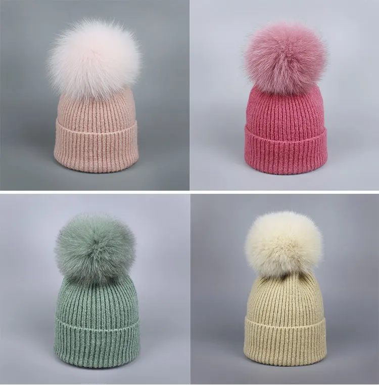 Для девочек Pom Beanie теплая вязаная Bobble меховым помпоном шапка и шарф комплект натуральным лисьим мехом помпоном зимняя шапка skullies