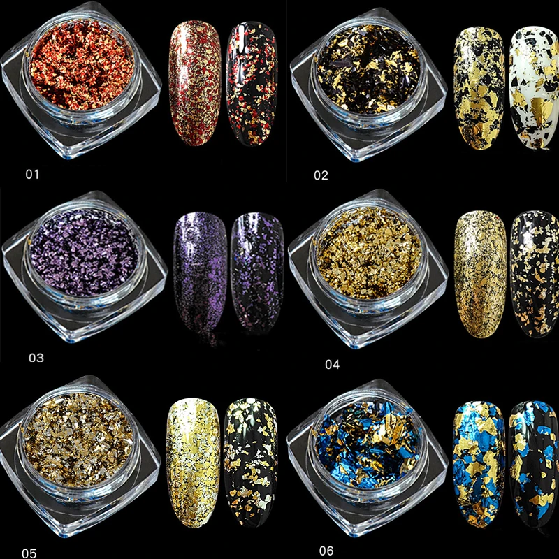 

6 Colors Double-side Nail Foil Flakes Cute Metallic Nail Magic Flakes Foil Powder Hot Color Fireworks Mirror Flake Powder 0.2g