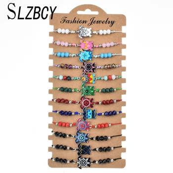 

Colorful Geometric Pattern Turtle Charm Bracelets For Women Girl Child Crystal Beads Adjustable Bracelet Jewelry 12 pcs/set