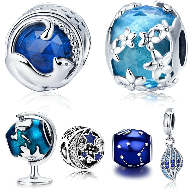 

MYBEBOA 100% 925 Sterling Silver Playing Kitten Cat Blue CZ Woeld Map Star Beads fit Original Women Bracelet Charms Jewelry
