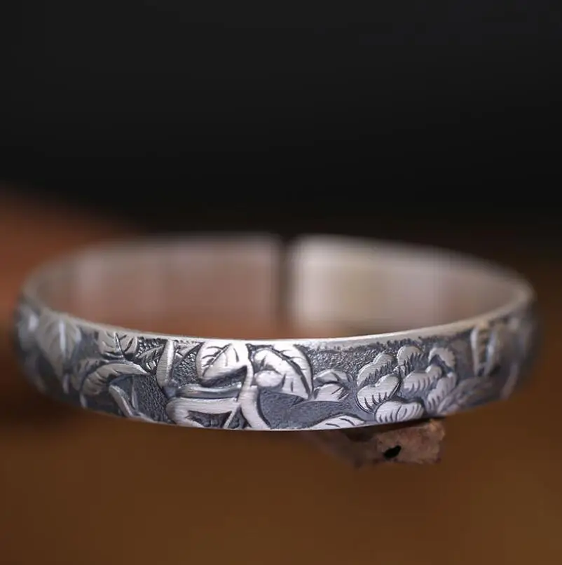 

Handmade S999 Sterling Silver Open Engraving Leaf Bangle Women Gift (SYF)